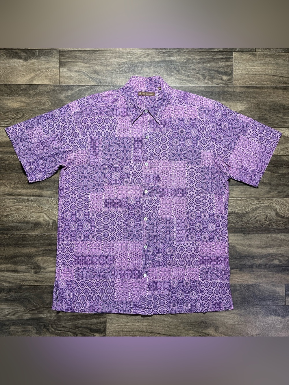 Tori Richard Hawaiian Shirt Men’s LT Purple Patchwork Camp Cotton Lawn USA EUC